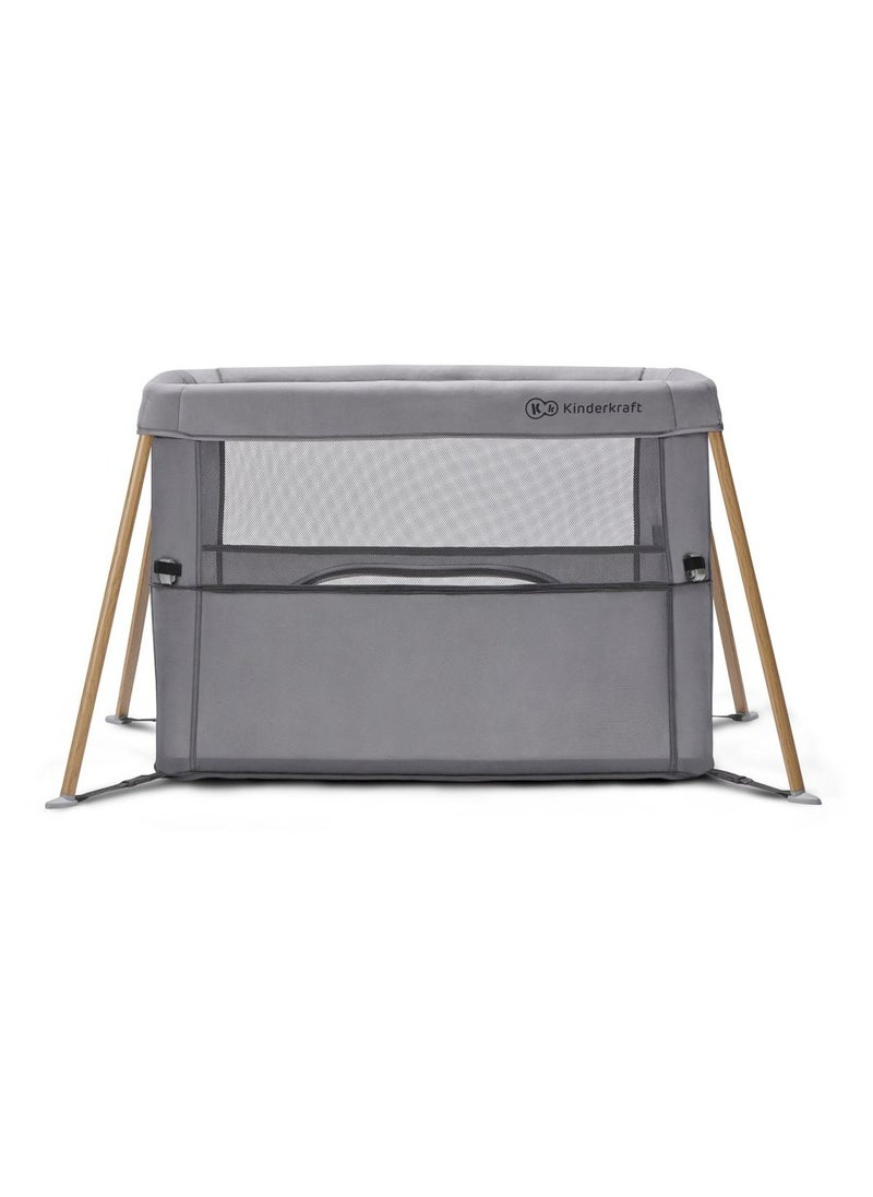 Kinderkraft - Kinderkraft - Movi Travel Cot - Grey & Wood - Image 1
