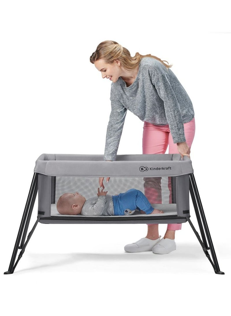 Kinderkraft - Kinderkraft - Movi Travel Cot - Grey & Wood - Image 1