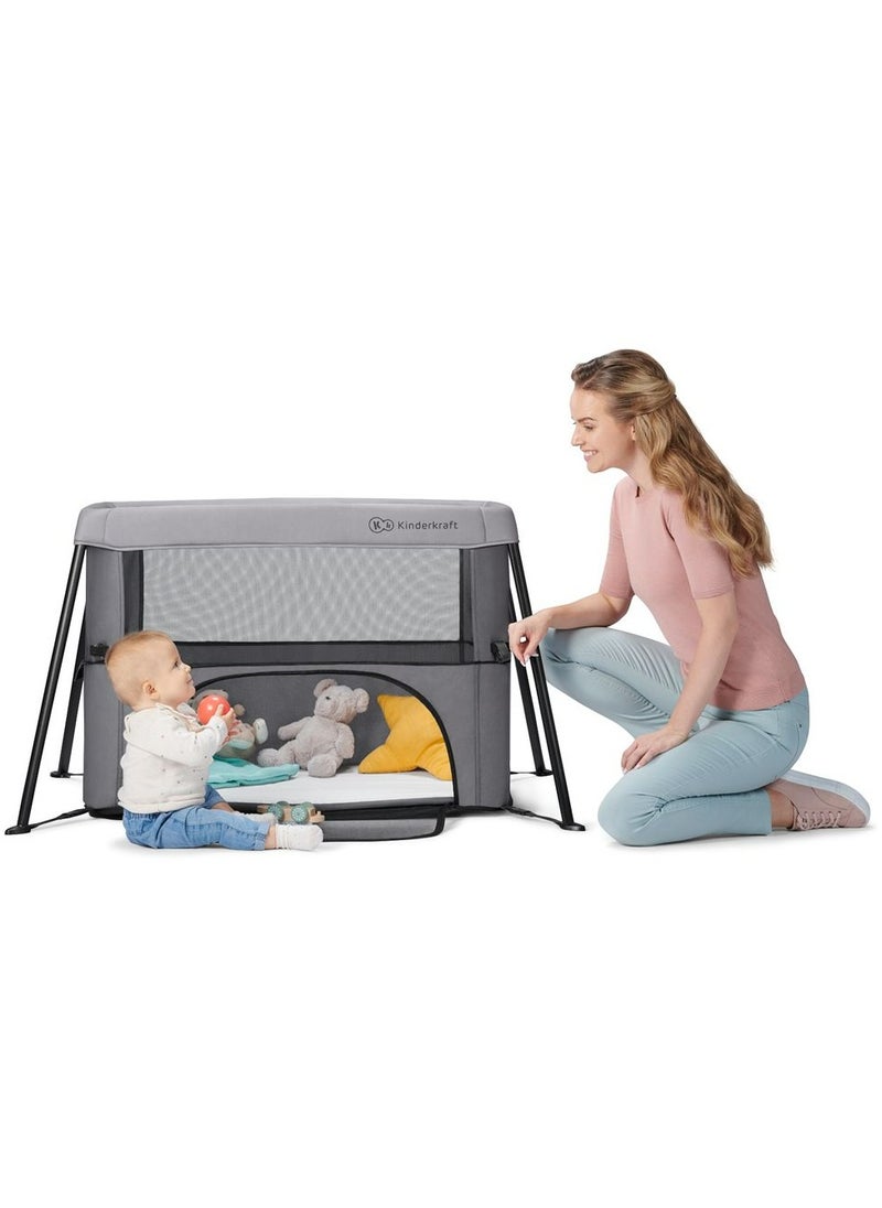 Kinderkraft - Kinderkraft - Movi Travel Cot - Grey & Wood - Image 1