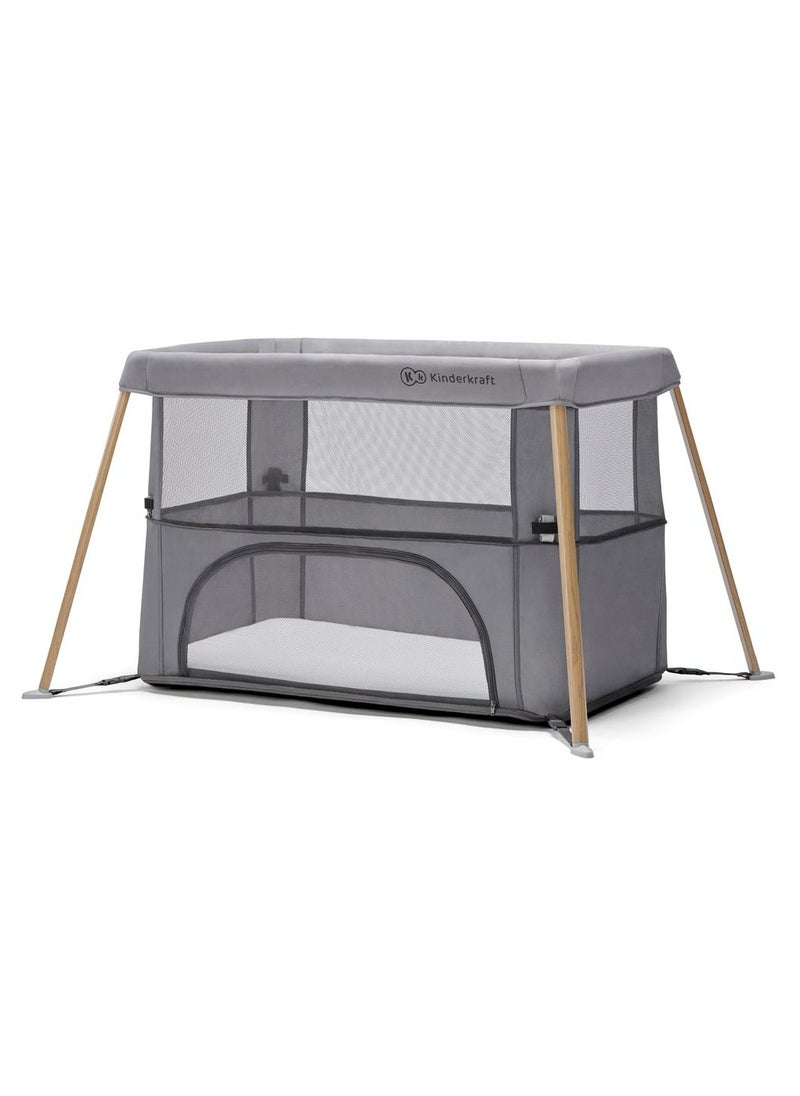 Kinderkraft - Kinderkraft - Movi Travel Cot - Grey & Wood - Image 1