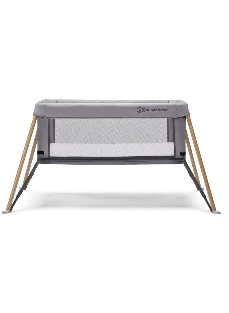 Kinderkraft - Kinderkraft - Movi Travel Cot - Grey & Wood - Image 1