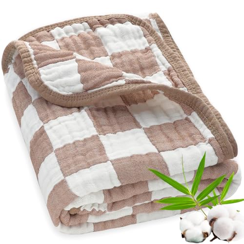 BEILIMU Ultra Soft Muslin Baby Blanket Neutral Versatile 6 Layers Swaddle and Bed Blanket for Babies Toddlers Boys or Girls Coffee Checkered 43 x 43 Inches - Image 1