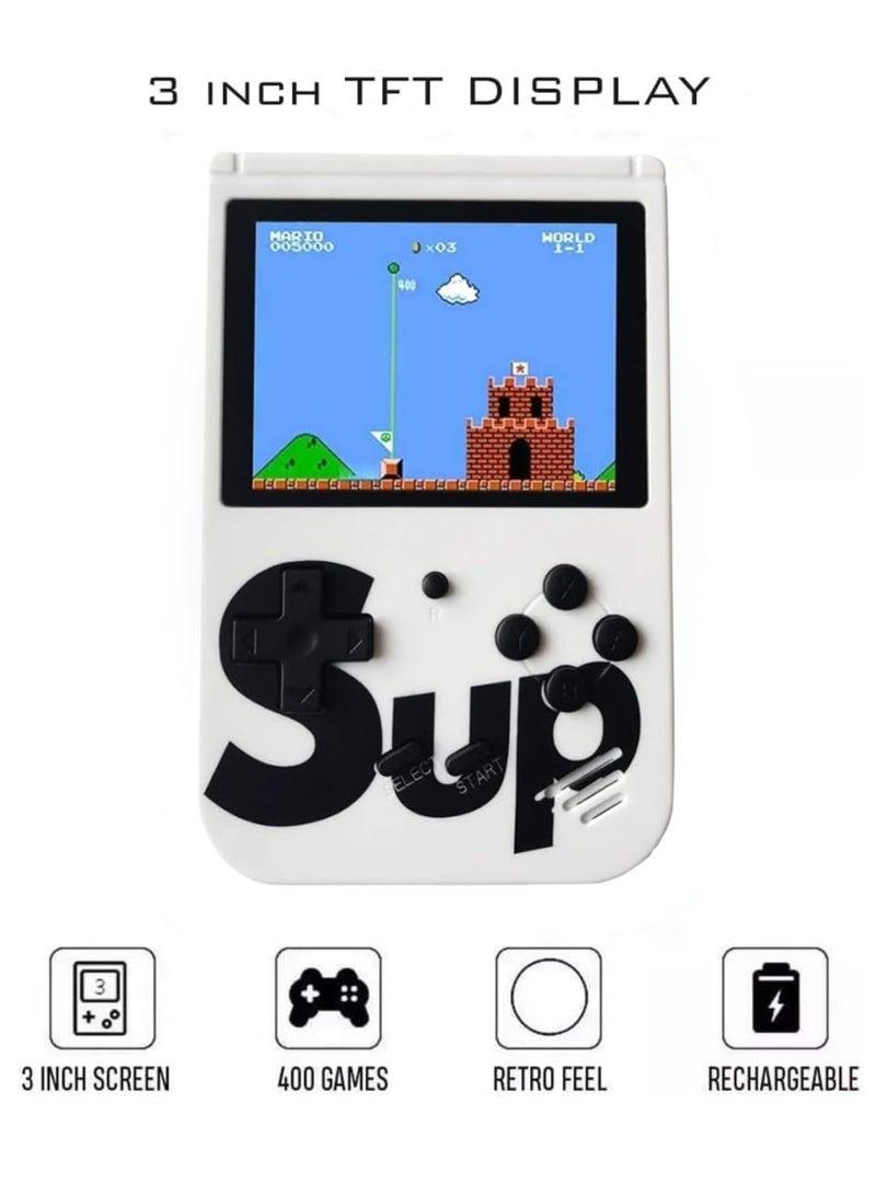 SUP SUP Handheld Game Console with 400 Classic Retro Games, 3-Inch Color Screen, Rechargeable Battery, Portable Mini Gaming Device for Kids & Adults | White - Image 3