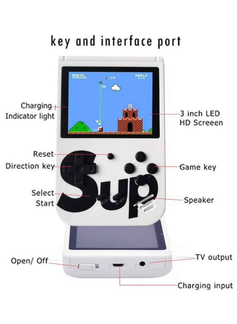 SUP SUP Handheld Game Console with 400 Classic Retro Games, 3-Inch Color Screen, Rechargeable Battery, Portable Mini Gaming Device for Kids & Adults | White - Image 4