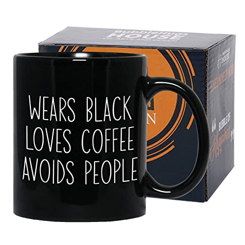 Bubble Hugs Wears Black Loves Coffee Avoid People, Coffee Lovers Mug 11 oz Sarcasm Funny Saying Gift for Introverts Coffee Lovers Men Women Adult, Black - Image 1
