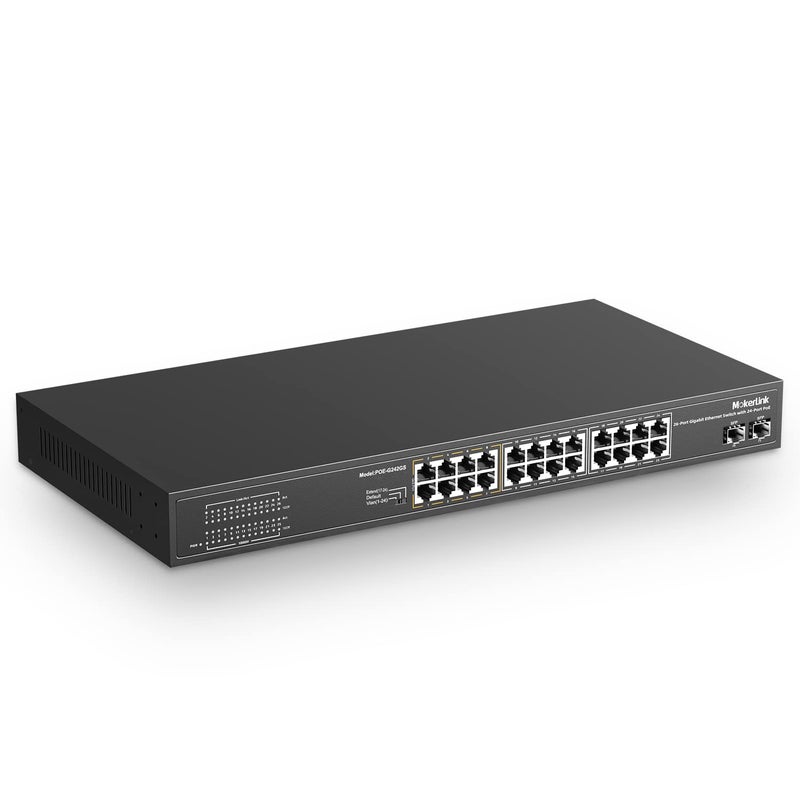 MokerLink محول بستة وعشرين منفذ جيجابت مزود بتقنية PoE، 24 منفذ جيجابت PoE+، 2 منفذ جيجابت SFP للربط العلوي، 300 واط IEEE802.3af/at، بدون مروحة للتثبيت في الرف غير مُدار يعمل بالإعداد الفوري - Image 1