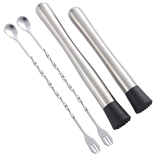 Fpxnb 10 inch & 8 inch Stainless Steel Cocktail Muddler with 2 Mixing Spoon, Home Bar Tool Set, for Making & Creating Delicious Mojitos, & Other Fruit Based Drinks & Beverages in Various Containers - Image 1