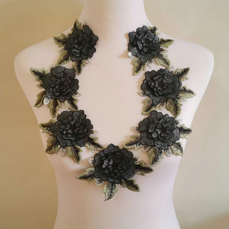7 Pcs Handmade Applique Embroidered Iron Leaf Flowers Black