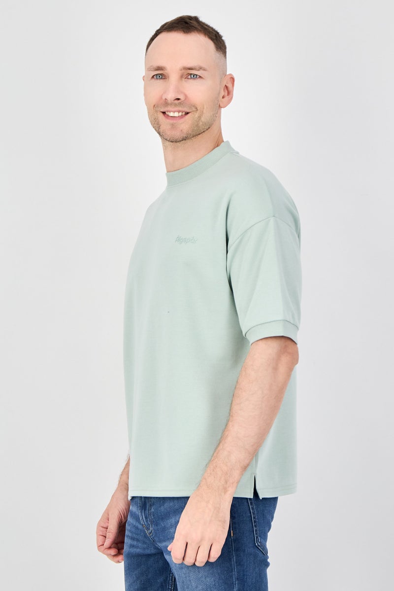 Algspar Men Crew Neck Short Sleeve Brand Logo T Shirt, Light Sage Green - Image 2