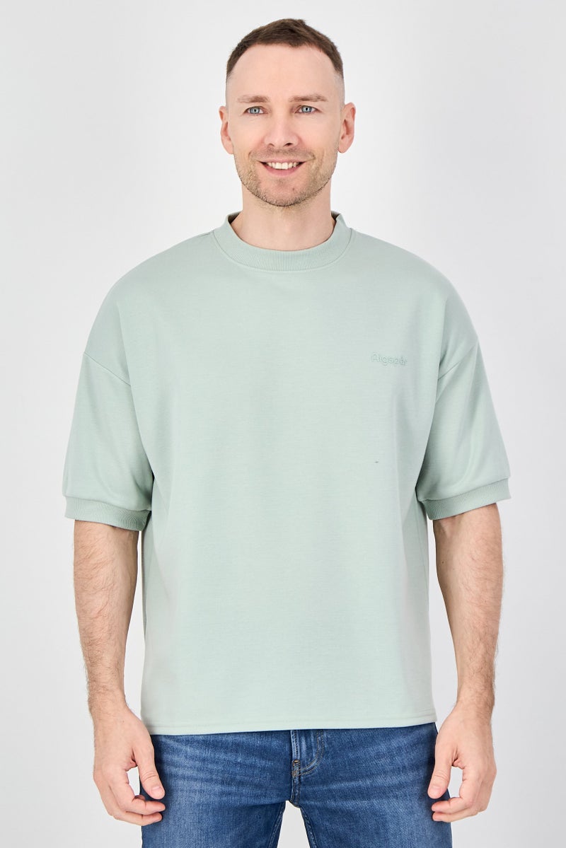 Algspar Men Crew Neck Short Sleeve Brand Logo T Shirt, Light Sage Green - Image 1