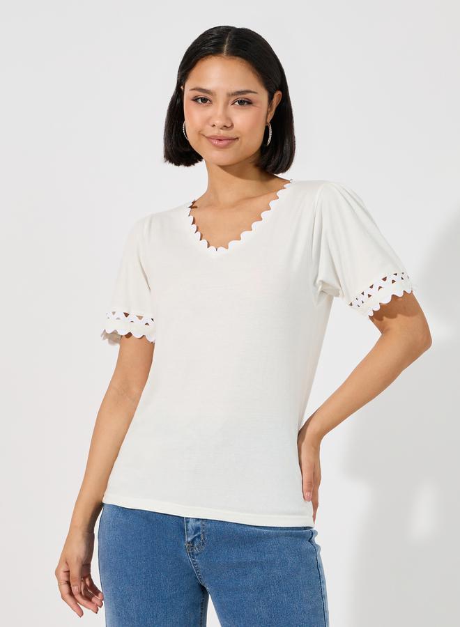 Styli Scallop Lace Insert V Neck Top - Image 1
