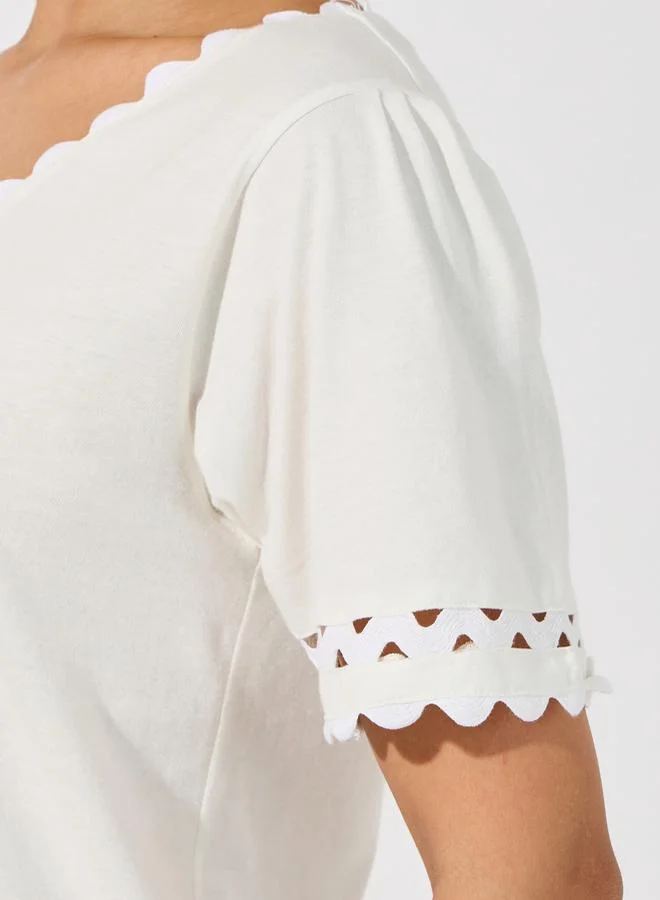 Styli Scallop Lace Insert V Neck Top