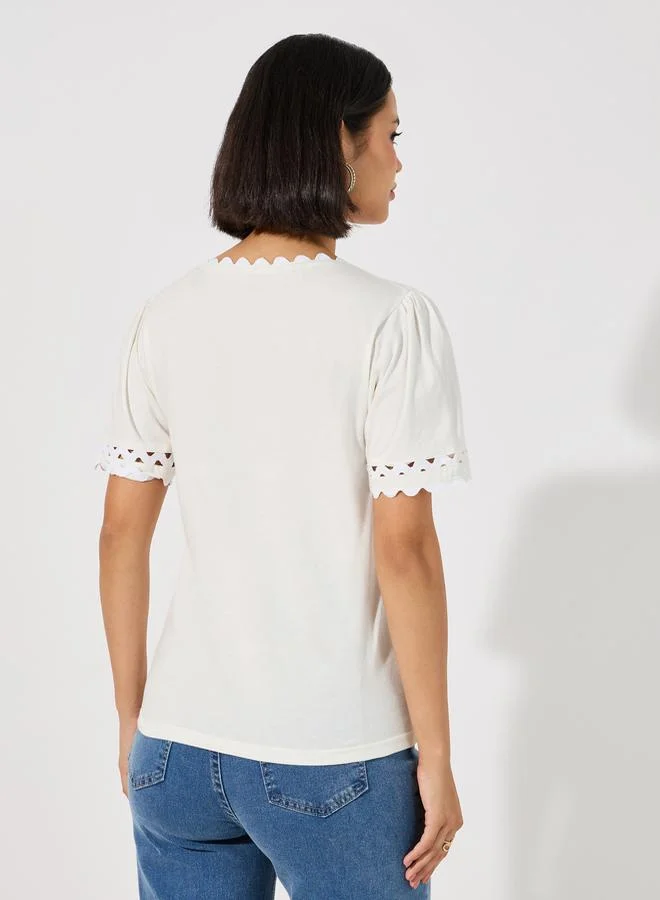 Styli Scallop Lace Insert V Neck Top