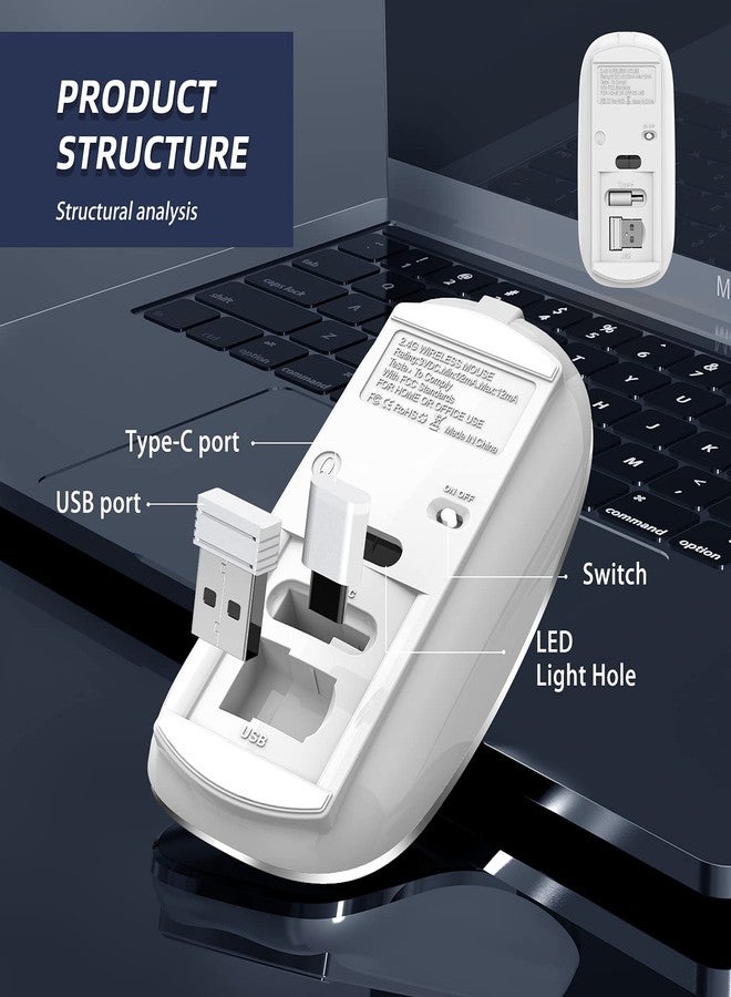 Halpilt Wireless Mouse Chargeable Portable Silent USB-A and Type-C Dual Mode 3 Adjustable DPI for Laptop, PC (Q23S Black) (White) - Image 4
