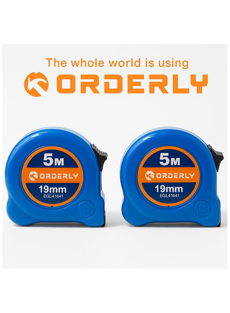 ORDERLY 2-Pack ORDERLY Measuring Tape 5m/16ft – 19 mm Wide Steel Blade, Rugged ABS Case with Lock – Dual Graduation mm/cm/inch – Blue, for Professional & DIY Use - Image 1