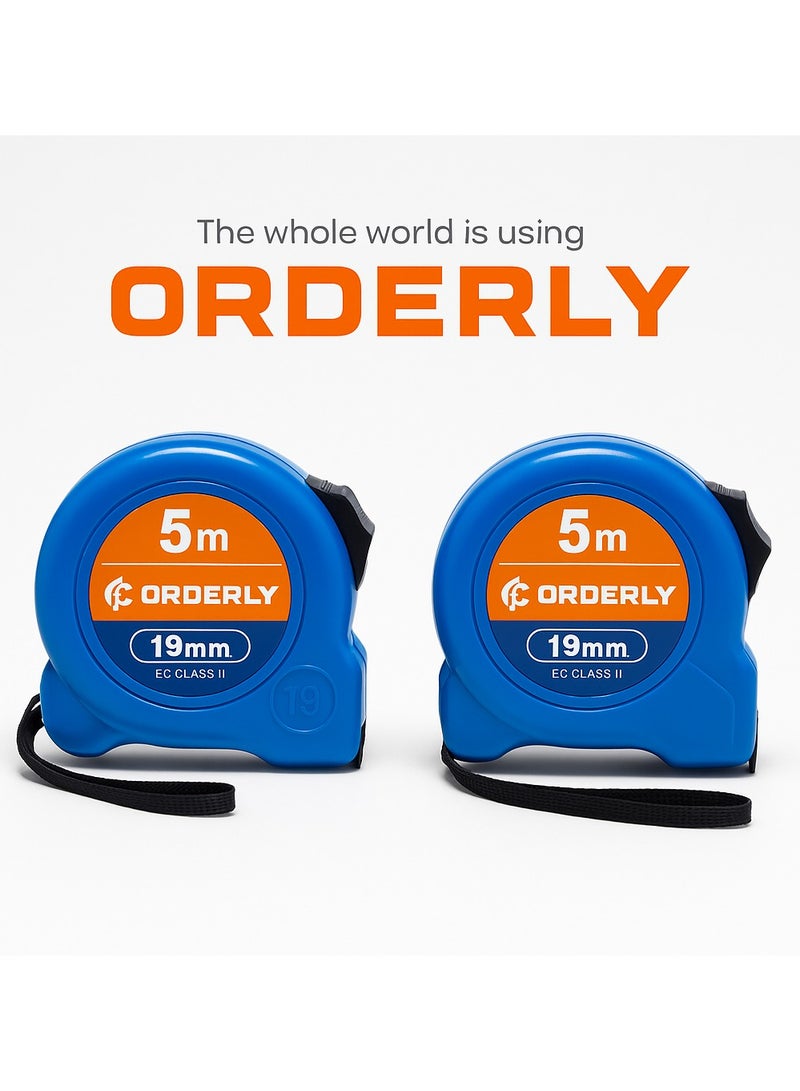 ORDERLY 2-Pack ORDERLY Measuring Tape 5m/16ft – 19 mm Wide Steel Blade, Rugged ABS Case with Lock – Dual Graduation mm/cm/inch – Blue, for Professional & DIY Use - Image 5