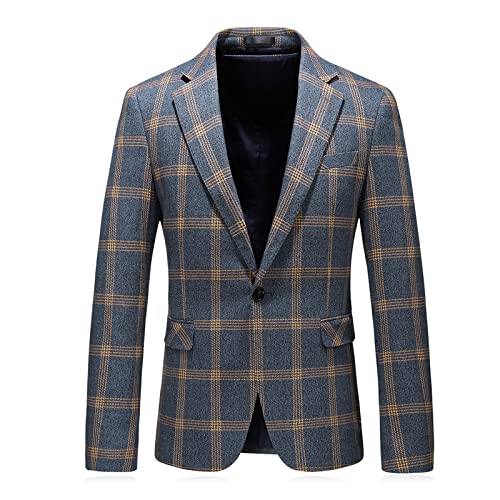 KUDORO Mens Casual Plaid Blazer Jacket Slim Fit Sports Coat One Button Tuxedo Jacket for Men Yellow Blue - Image 1