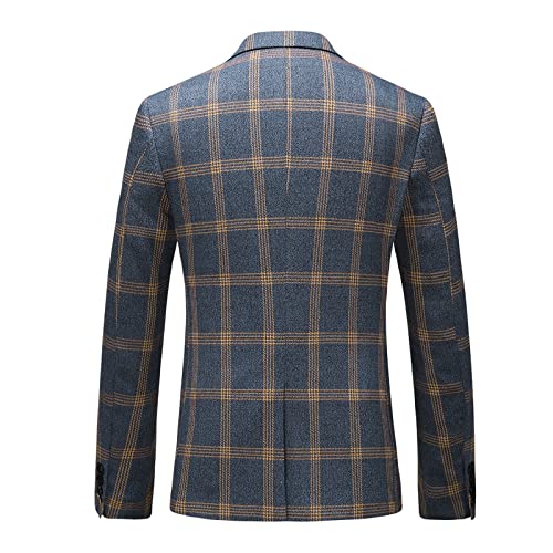 KUDORO Mens Casual Plaid Blazer Jacket Slim Fit Sports Coat One Button Tuxedo Jacket for Men Yellow Blue - Image 3
