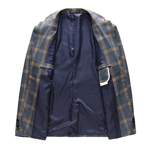 KUDORO Mens Casual Plaid Blazer Jacket Slim Fit Sports Coat One Button Tuxedo Jacket for Men Yellow Blue - Image 2
