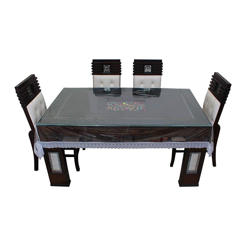 HOMECROWN PVC Plastic Waterproof 6 Seater Rectangular Dining Table Cover with Embroidered Silver Lace Border Clear 90x60 Inch Pack of 1 - Image 1
