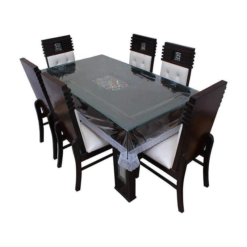 HOMECROWN PVC Plastic Waterproof 6 Seater Rectangular Dining Table Cover with Embroidered Silver Lace Border Clear 90x60 Inch Pack of 1 - Image 2