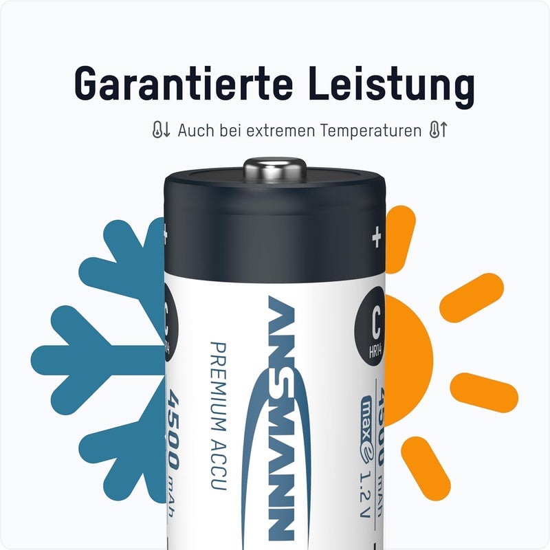 ANSMANN بطاريات C قابلة للشحن 4500mAh ماكس إي جاهزة للاستخدام NiMH بطارية C احترافية مشحونة مسبقًا للمصابيح الكهربائية وغيرها (عبوة من 2) - Image 5