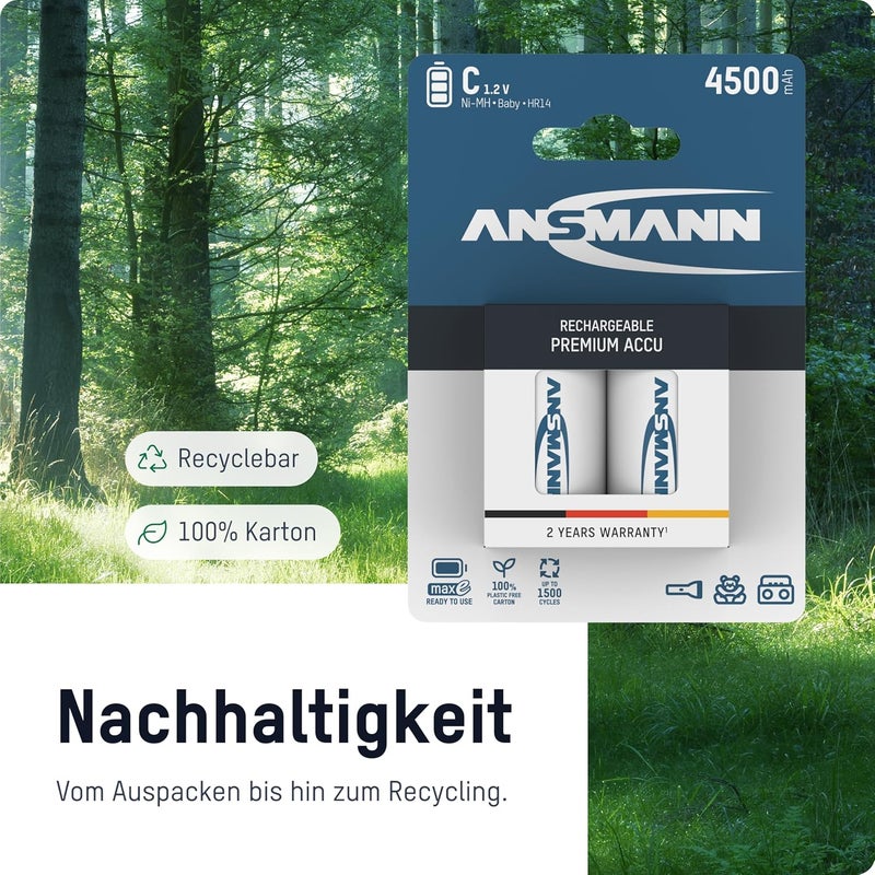 ANSMANN بطاريات C قابلة للشحن 4500mAh ماكس إي جاهزة للاستخدام NiMH بطارية C احترافية مشحونة مسبقًا للمصابيح الكهربائية وغيرها (عبوة من 2) - Image 4