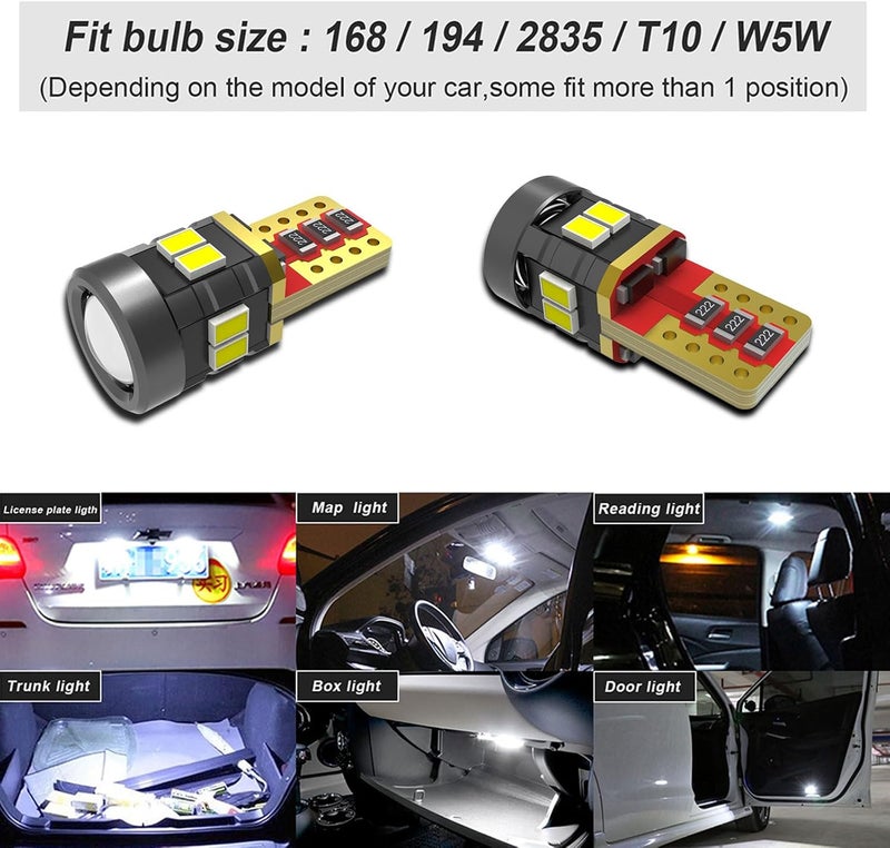 194 لمبة لوحة ترخيص LED عالية السطوع بنسبة 400% من نوع T10 168 2825 W5W لمبات للقبة والخريطة والباب والمقصورة الداخلية للسيارة بلون أبيض 6000K، عبوة من 2 - Image 5