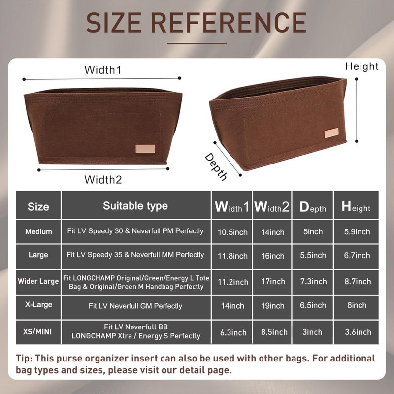 Doxo Purse Organizer Insert for Handbags & Base Shaper 2pc Set, Felt Bag Organizer for Tote with 3 Sizes, Compatible with Neverful PM Speedy 30 and More (PM-Brown-Medium) - Image 2