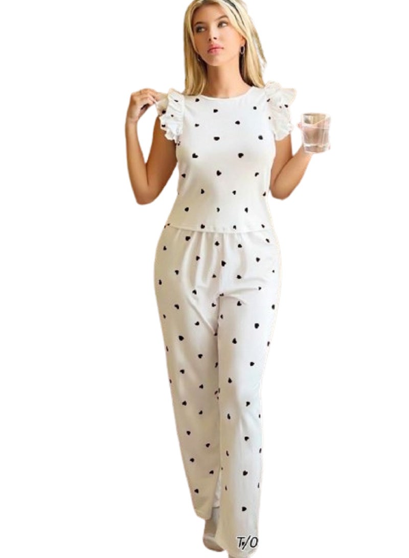 Women's Pajama Set with Short Sleeves Ruffles and Heart Prints - Image 1
