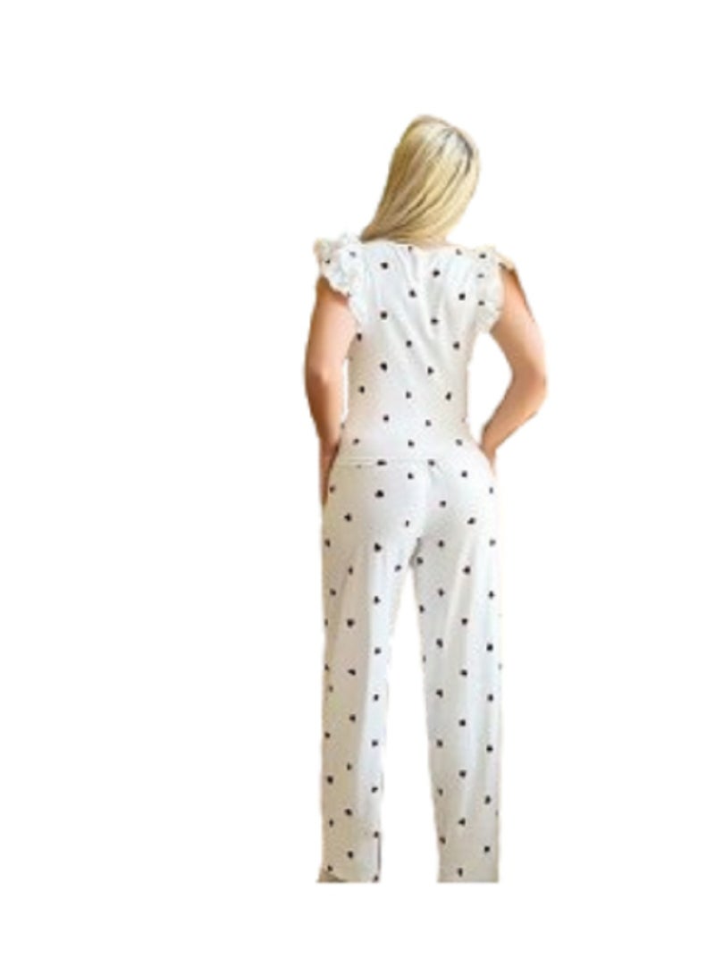 Women's Pajama Set with Short Sleeves Ruffles and Heart Prints - Image 2