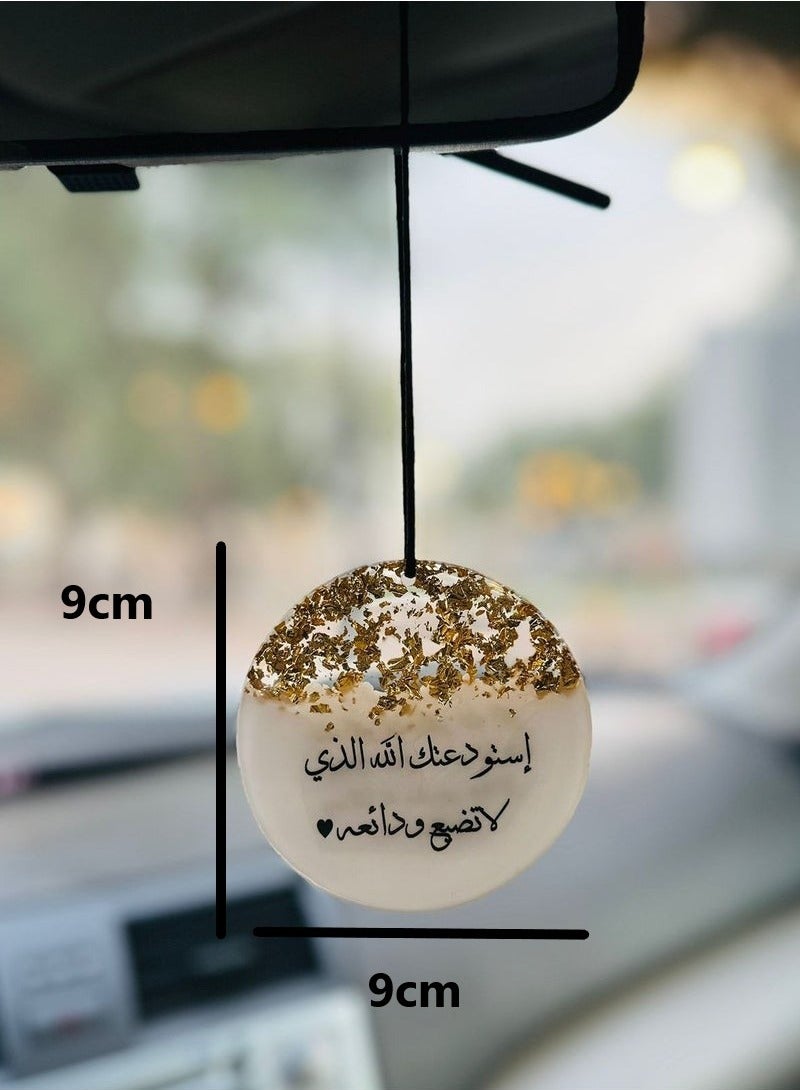 An elegant circular two-sided car pendant embroidered with gold leaf from luxurious resin - Image 2