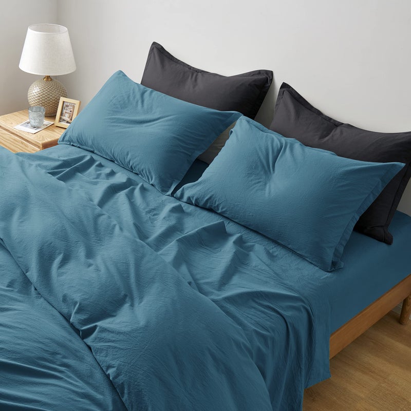 Eikei Washed Cotton Chambray Fitted Sheet Set Solid Color Casual Modern Style Bedding Set Relaxed Soft Feel Natural Wrinkled Look Ocean Teal King