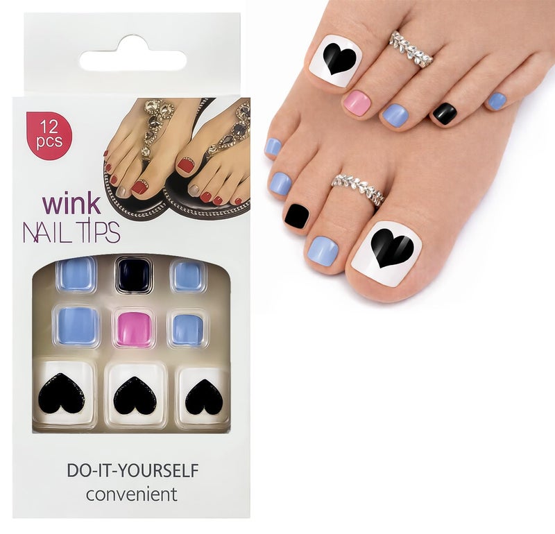 Press On Toenails - Set Of 12 Nail Tips, Pre-Shaped Full Cover False Nails & Professional Nail Glue, Quick & Easy Application (Sweet Black Heart) - Image 1