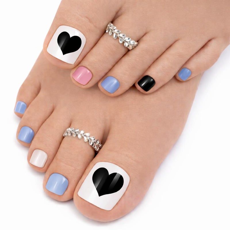 Press On Toenails - Set Of 12 Nail Tips, Pre-Shaped Full Cover False Nails & Professional Nail Glue, Quick & Easy Application (Sweet Black Heart) - Image 3