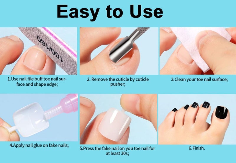 Press On Toenails - Set Of 12 Nail Tips, Pre-Shaped Full Cover False Nails & Professional Nail Glue, Quick & Easy Application (Sweet Black Heart) - Image 4
