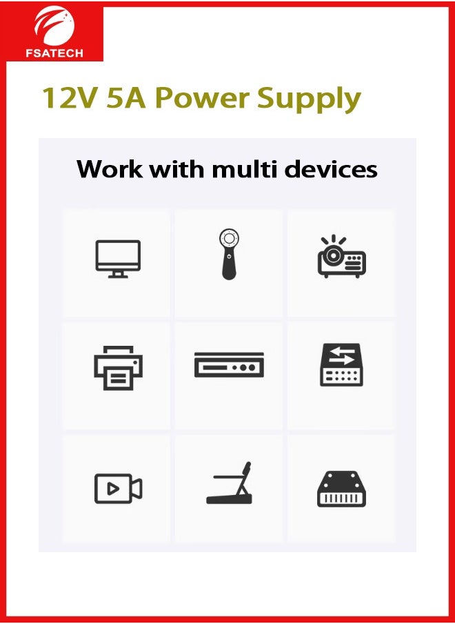 FSATECH 12V 5A 60W AC إلى DC محول محول التيار الكهربائي AC 100V ~ 240V إلى DC 12V 5amp محول مع 5.5x2.1mm DC مخرج جاك لـ 5050 3528 LED قطاع وحدة الضوء، نظام كاميرا CCTV، جهاز التوجيه  - Image 3