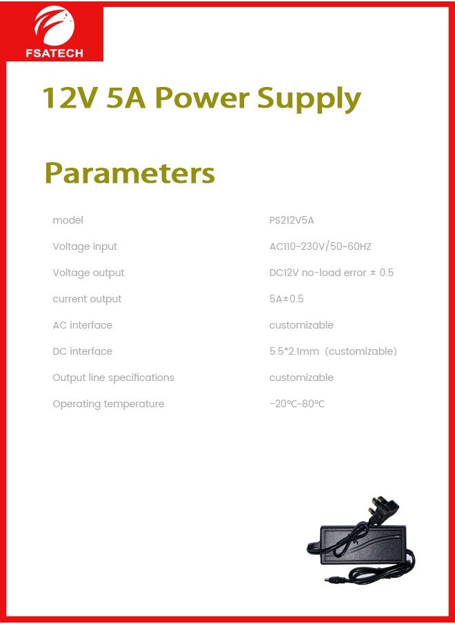 FSATECH 12V 5A 60W AC إلى DC محول محول التيار الكهربائي AC 100V ~ 240V إلى DC 12V 5amp محول مع 5.5x2.1mm DC مخرج جاك لـ 5050 3528 LED قطاع وحدة الضوء، نظام كاميرا CCTV، جهاز التوجيه  - Image 4