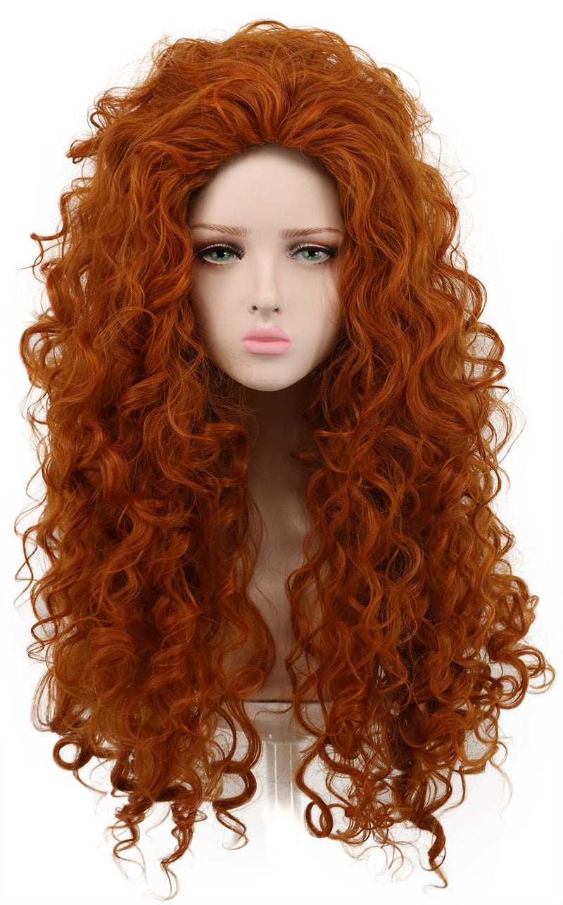 yuehong Womens Long Orange Wave Red Curly Wig Princess Cosplay Costume Hair Heat Resistant Synthetic Fibers Fluffy Wig for Anime Party