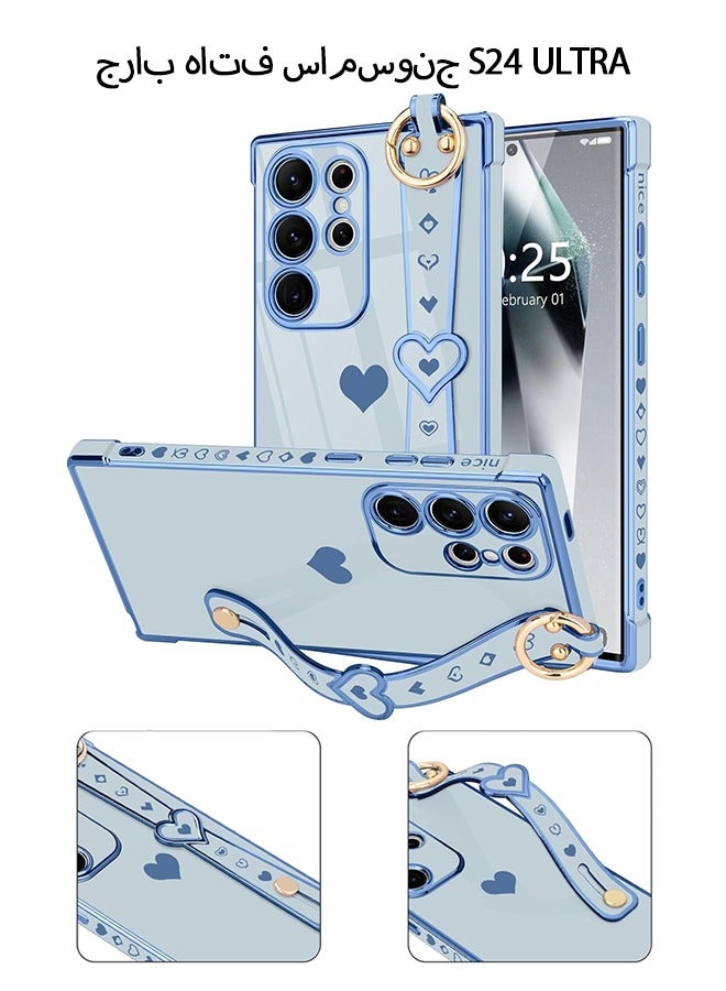 Wffo Compatible with Samsung Galaxy S24 Ultra Case - Adjustable Wrist Strap Kickstand - Cute Heart Luxury Gold Plating Bumper - Women Girl Men Protective Case Cover - Blue - Image 1