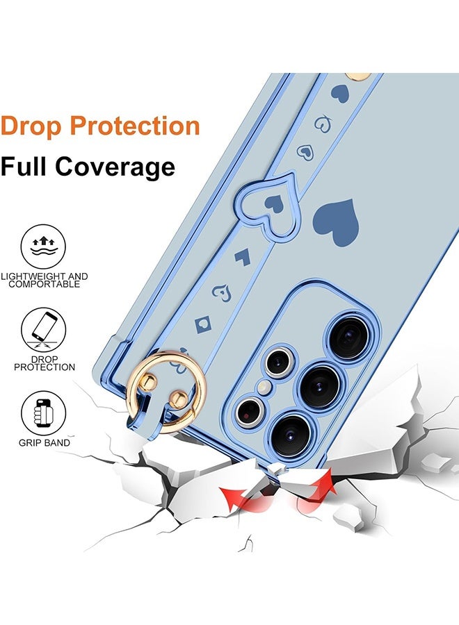 Wffo Compatible with Samsung Galaxy S24 Ultra Case - Adjustable Wrist Strap Kickstand - Cute Heart Luxury Gold Plating Bumper - Women Girl Men Protective Case Cover - Blue - Image 2