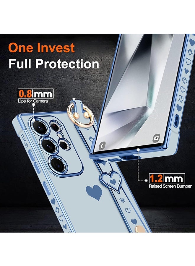 Wffo Compatible with Samsung Galaxy S24 Ultra Case - Adjustable Wrist Strap Kickstand - Cute Heart Luxury Gold Plating Bumper - Women Girl Men Protective Case Cover - Blue - Image 3