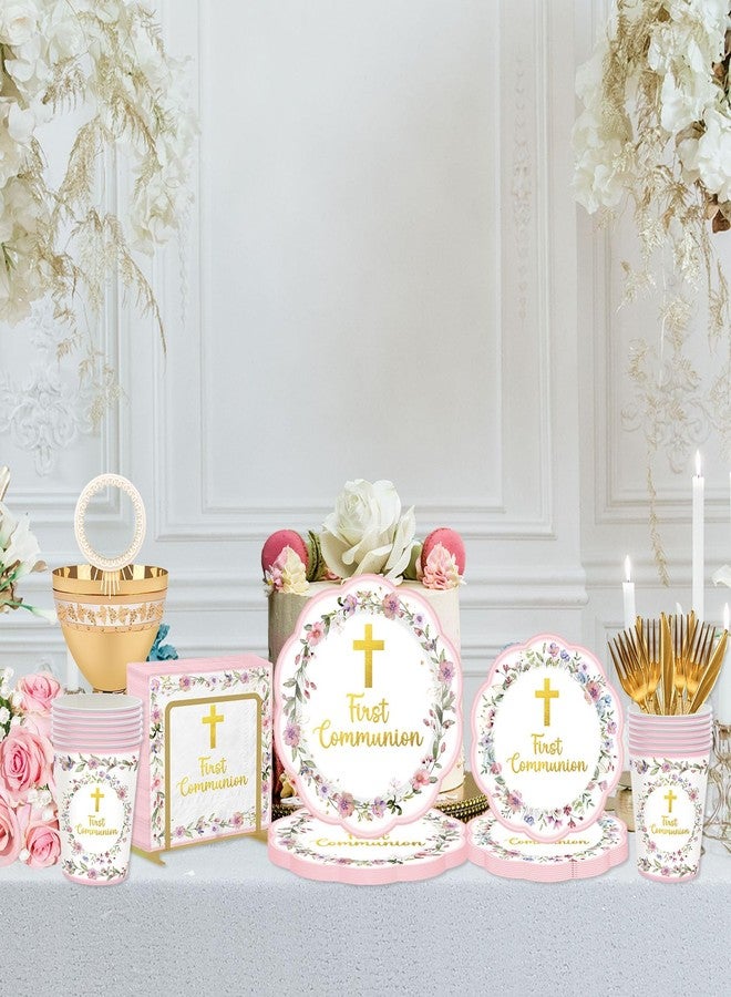 YTGUVBK First Communion Decorations, Pink First Communion Plates and Napkins God Bless Baptism First Holy Communion Decor Tableware for Girls Primera Comunion Christening Baby Shower Party Supplies, Serves 25 - Image 5