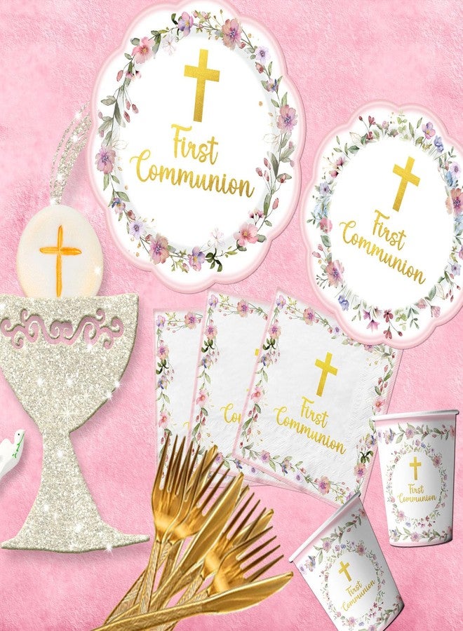 YTGUVBK First Communion Decorations, Pink First Communion Plates and Napkins God Bless Baptism First Holy Communion Decor Tableware for Girls Primera Comunion Christening Baby Shower Party Supplies, Serves 25 - Image 3