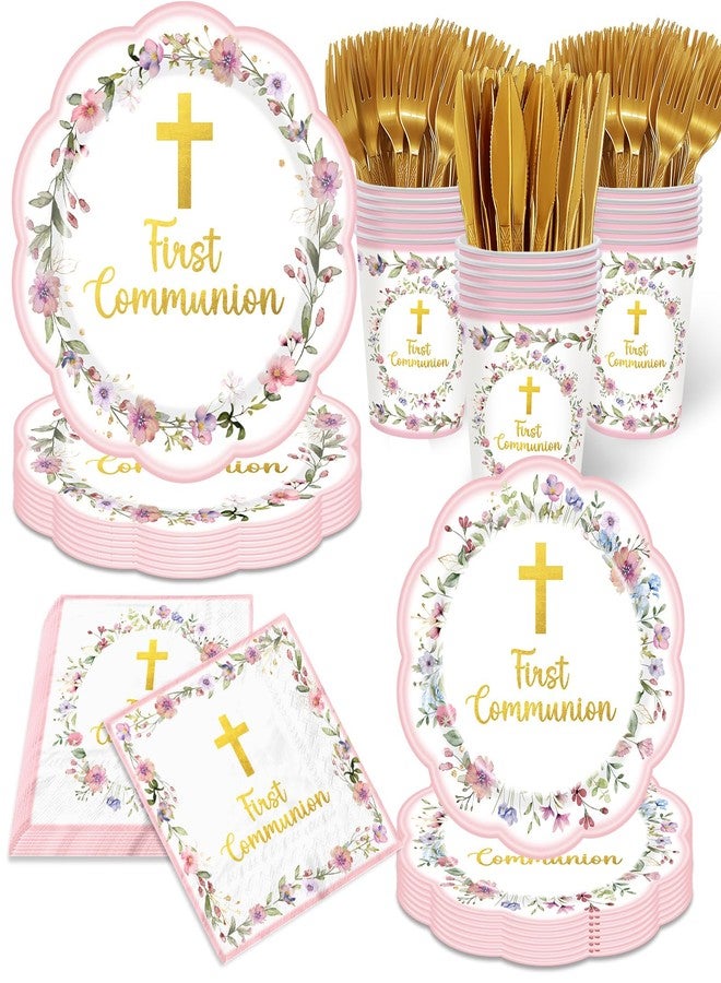 YTGUVBK First Communion Decorations, Pink First Communion Plates and Napkins God Bless Baptism First Holy Communion Decor Tableware for Girls Primera Comunion Christening Baby Shower Party Supplies, Serves 25 - Image 1