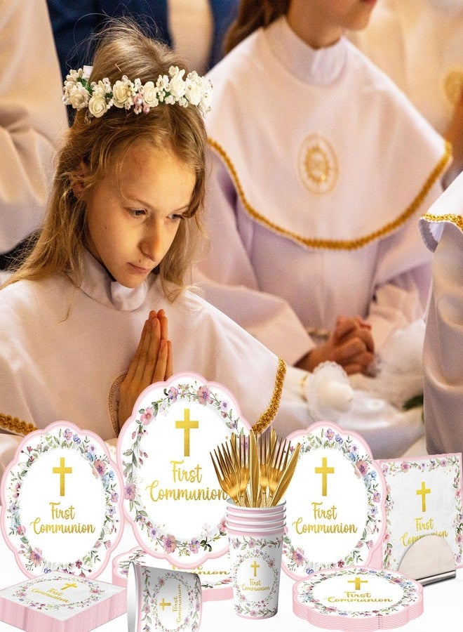 YTGUVBK First Communion Decorations, Pink First Communion Plates and Napkins God Bless Baptism First Holy Communion Decor Tableware for Girls Primera Comunion Christening Baby Shower Party Supplies, Serves 25 - Image 2