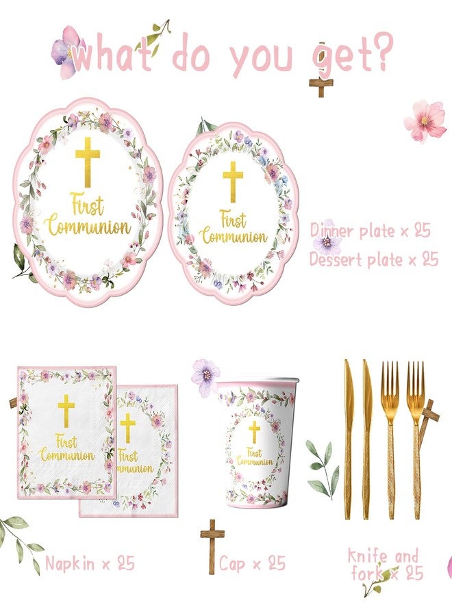 YTGUVBK First Communion Decorations, Pink First Communion Plates and Napkins God Bless Baptism First Holy Communion Decor Tableware for Girls Primera Comunion Christening Baby Shower Party Supplies, Serves 25 - Image 4