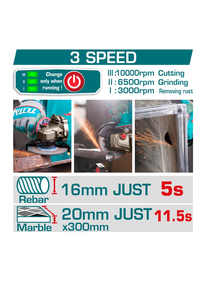 TOTAL Cordless Angle Grinder, 42V Brushless Motor, 115mm Disc, 3-Speed 3000/6500/10000rpm, 1280W, with 2.5Ah Battery Pack, Charger, 25 Cutting Discs, 3 Flap Discs, Diamond Disc, Carrying Case - Image 3