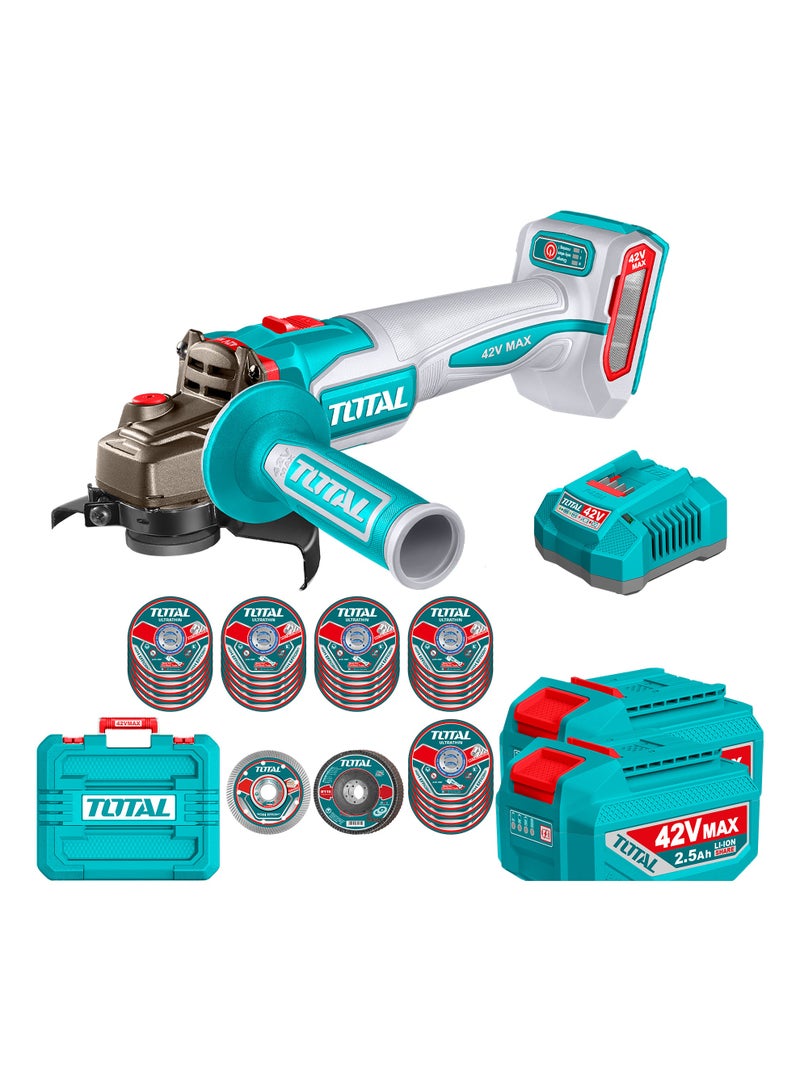 TOTAL Cordless Angle Grinder, 42V Brushless Motor, 115mm Disc, 3-Speed 3000/6500/10000rpm, 1280W, with 2.5Ah Battery Pack, Charger, 25 Cutting Discs, 3 Flap Discs, Diamond Disc, Carrying Case - Image 1