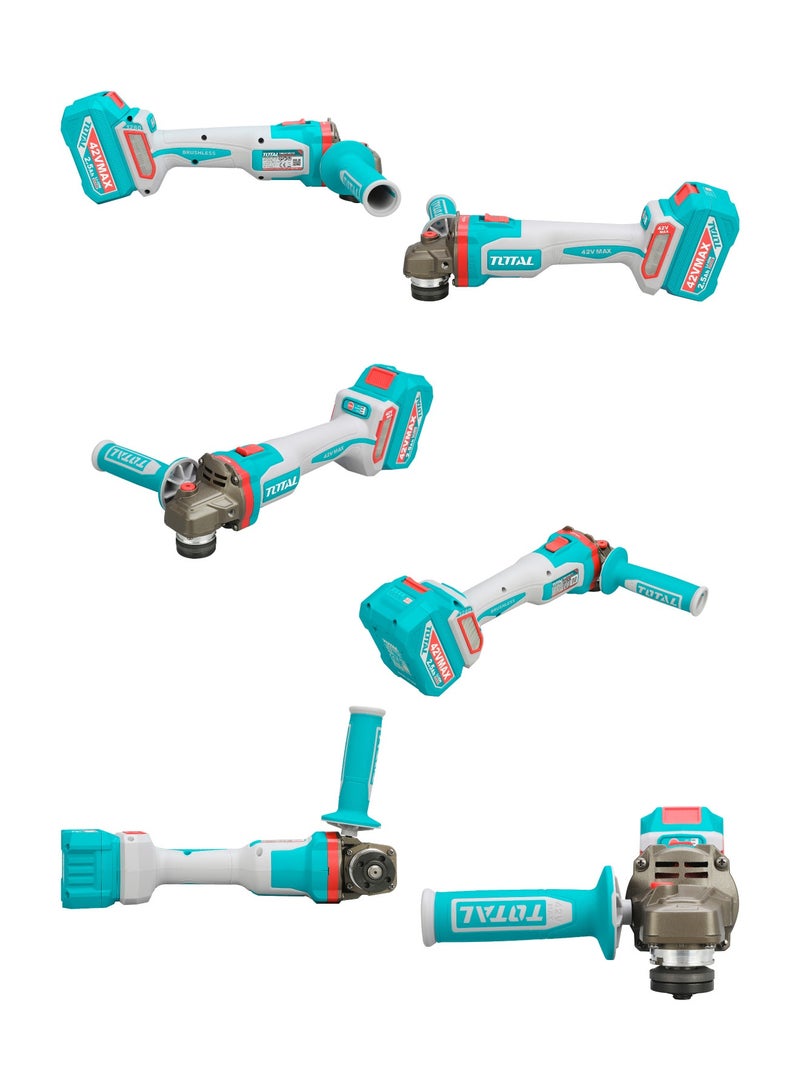 TOTAL Cordless Angle Grinder, 42V Brushless Motor, 115mm Disc, 3-Speed 3000/6500/10000rpm, 1280W, with 2.5Ah Battery Pack, Charger, 25 Cutting Discs, 3 Flap Discs, Diamond Disc, Carrying Case - Image 4